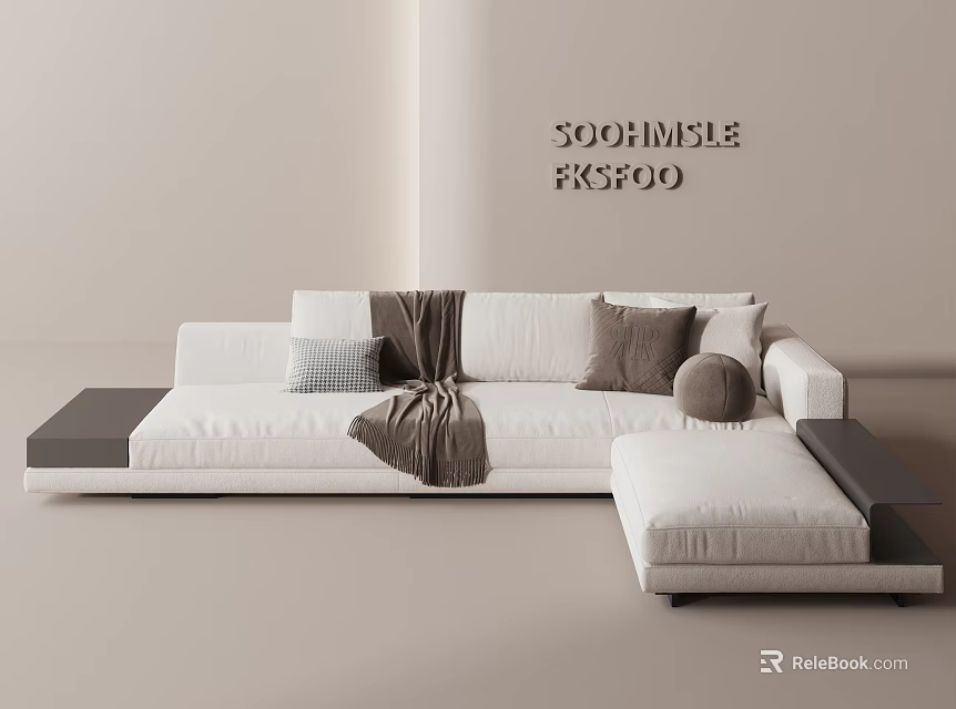 Modern White Sectional Sofa With Soft Cushions Throw Blanket And Side Table 3d model 
