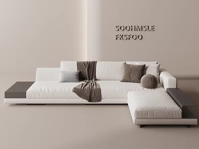 Modern White Sectional Sofa With Soft Cushions Throw Blanket And Side Table 3d model