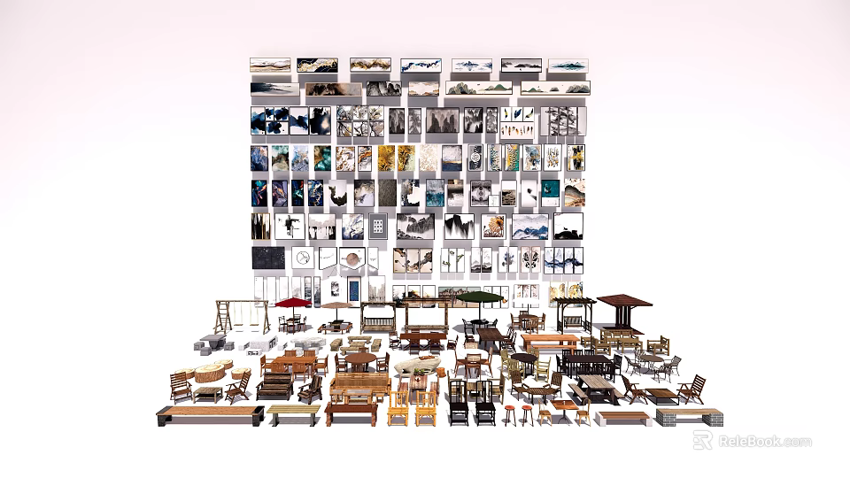 Diverse Furniture And Artwork Collection Displayed In Gallery Setting 3d model 