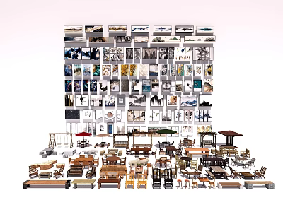 Diverse Furniture And Artwork Collection Displayed In Gallery Setting 3d model