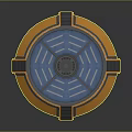 Futuristic Circular Platform With Orange Rim Blue Glowing Lines And Central Emblem