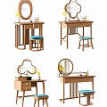 Wooden Dressing Table Designs With Round Mirror Blue Stool And Storage Drawers 3d model