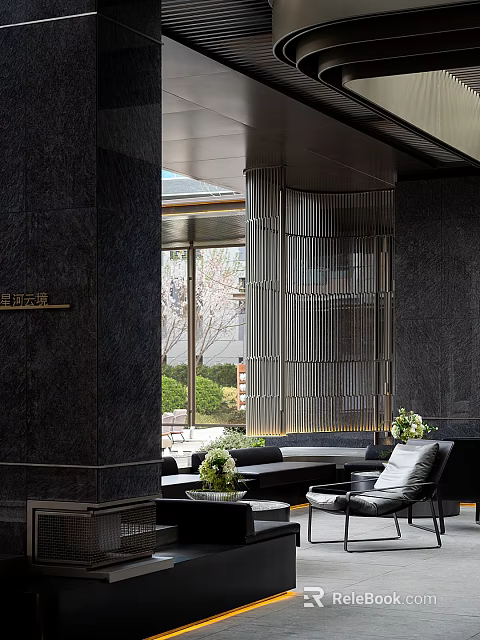 Modern Elegant Lounge Area With Black Marble Walls Metal Grille Screen And Green Plants 3d model 