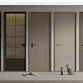 Modern Interior Hinged Doors Showcase With Glass Grid Wooden Panels Cat Figurines And Plant