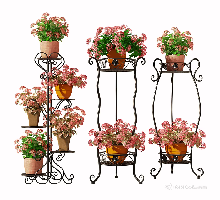 Stylish Garden Ornaments With Iron Plant Stands Pink Flowering Potted Plants For Outdoor Decor 3d model 