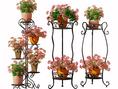 Stylish Garden Ornaments With Iron Plant Stands Pink Flowering Potted Plants For Outdoor Decor 3d model