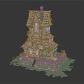 Cartoon Style Multi storey Wooden House Scene With Green Windows Tiled Roof And Stone Base