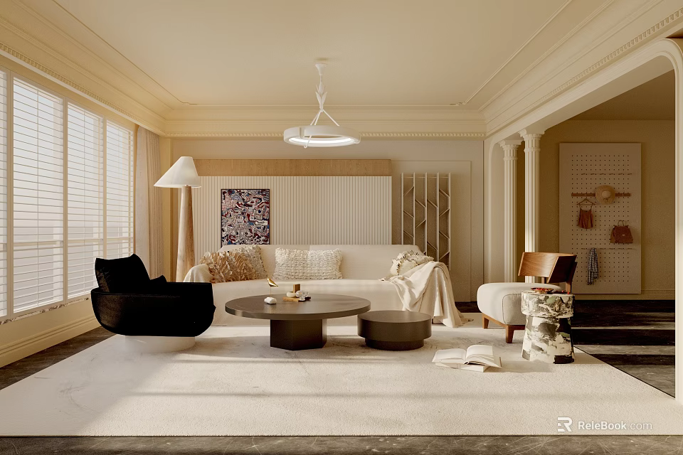 Modern Living Room Interior Design With Beige Sofa Black Armchair Round Coffee Table And Artwork 3d model 