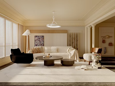 Modern Living Room Interior Design With Beige Sofa Black Armchair Round Coffee Table And Artwork 3d model