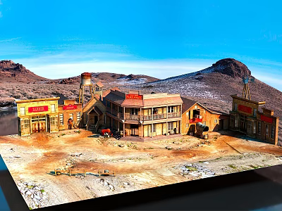 Wooden Residential Buildings with Red Signs in Desert Mountain Area and Blue Sky 3d model
