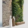 Living Plant Wall On Stone Wall Background With Wooden Bench And White Statues
