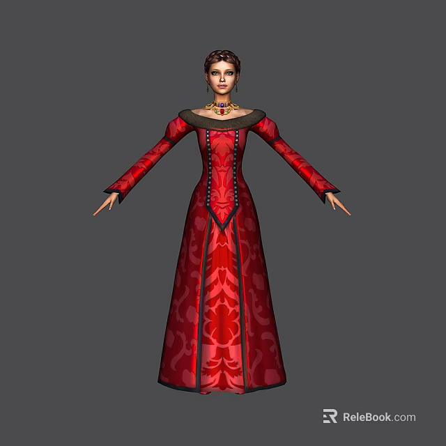 Elegant Female Game Movie Character in Red Patterned Long Dress with Gold Collar 3d model 