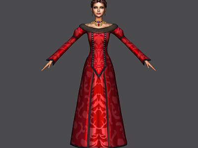 Elegant Female Game Movie Character in Red Patterned Long Dress with Gold Collar 3d model