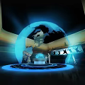 Modern Exhibition Hall Design With Curved Structure Blue Screens Data Lines And Lit Floor