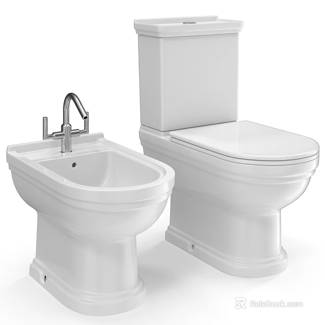 Modern White Toilet And Bidet In Contemporary Clean Bathroom Fixture Setup 3d model 