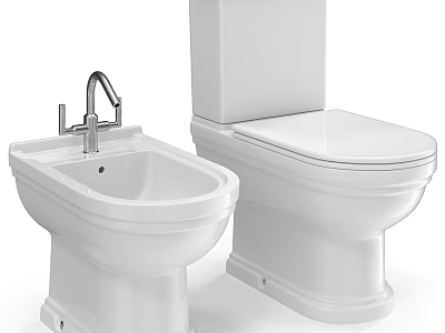 Modern White Toilet And Bidet In Contemporary Clean Bathroom Fixture Setup 3d model