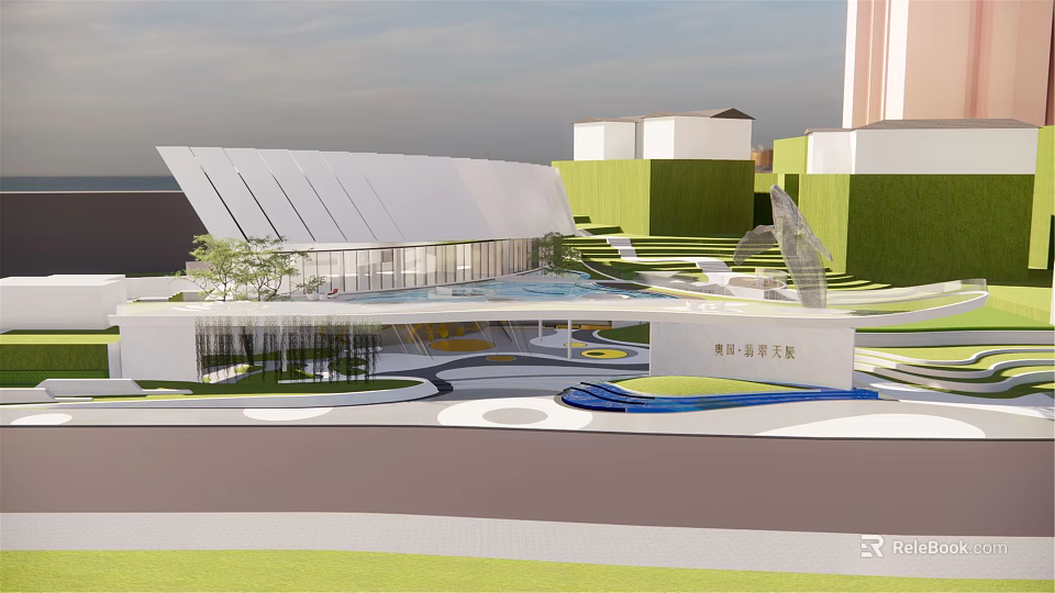 Modern Sales Office Building With Unique Roof Design Green Landscape And Water Feature 3d model 