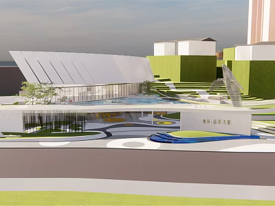 Modern Sales Office Building With Unique Roof Design Green Landscape And Water Feature 3d model