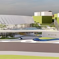 Modern Sales Office Building With Unique Roof Design Green Landscape And Water Feature