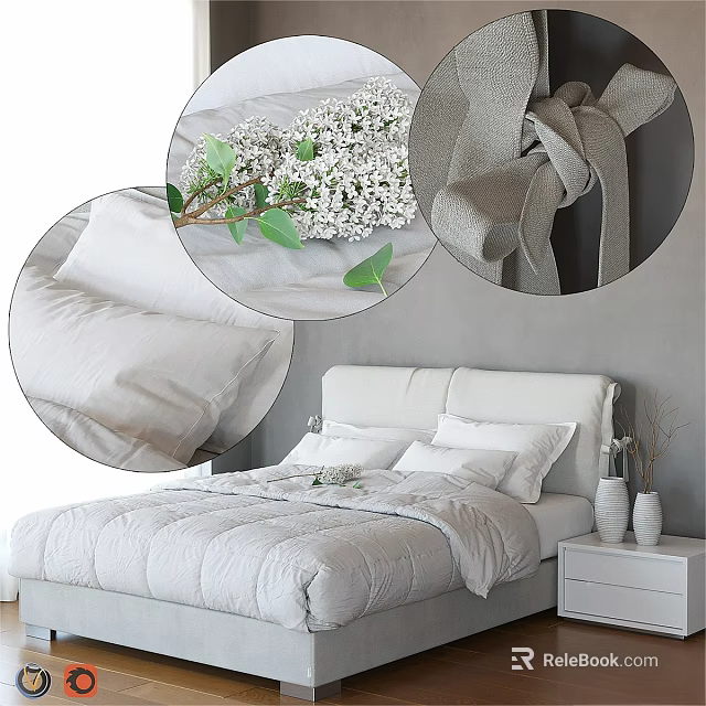 Double Bed With White Bedding Soft Pillows Gray Fabric Bedside Table Vases Fresh Flowers Leaves 3d model 
