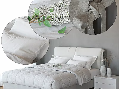 Double Bed With White Bedding Soft Pillows Gray Fabric Bedside Table Vases Fresh Flowers Leaves 3d model