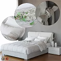 Double Bed With White Bedding Soft Pillows Gray Fabric Bedside Table Vases Fresh Flowers Leaves