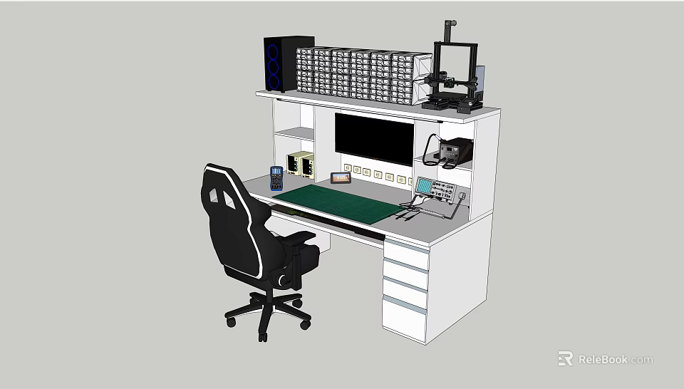 Modern Office Desk Setup With Black Chair Computer Monitor Green Mouse Pad And Shelf Storage 3d model 