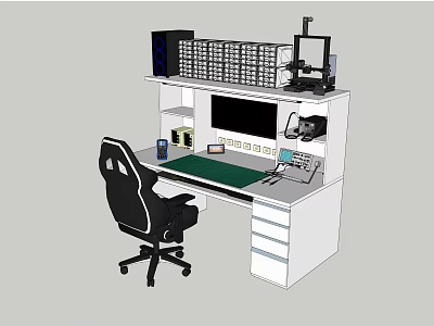 Modern Office Desk Setup With Black Chair Computer Monitor Green Mouse Pad And Shelf Storage 3d model