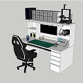 Modern Office Desk Setup With Black Chair Computer Monitor Green Mouse Pad And Shelf Storage