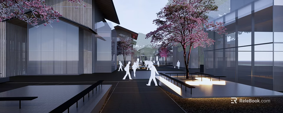 Tree Planters In Modern Architecture Outdoor Space With Cherry Blossom Trees And Pedestrians 3d model 