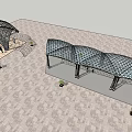 Modern Geometric Pergola Structure With Grid Design Glass Elements And Plants 3d model