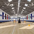 Indoor Basketball Court With Wooden Floor Basketball Hoop Colorful Banners And Ceiling Lights 3d model