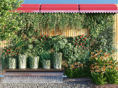 Outdoor Living Plant Wall Design With Red Awning Wooden Backdrop And Small Water Feature 3d model