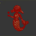 3D Mermaid Character With Blue Body Red Hair And Skeleton Like Patterns Holding Small Object