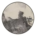 Round Traditional Chinese Ink Painting With Ancient Tower Mountain Mist And Pine