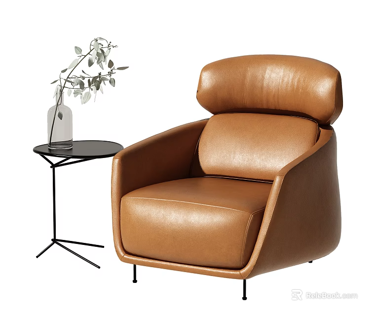 Modern Single Seater Leather Sofa with Round Side Table and Green Leaf Vase 3d model