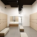 Spacious Modern Locker Room Interior With Wooden Lockers Benches And Washbasin