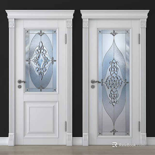 Modern Hinged Door With Decorative Glass Panel And White Frame Design 3d model