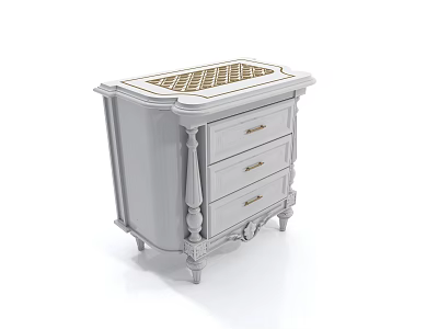White Carved Nightstand with Three Drawers and Lattice Top Design 3d model