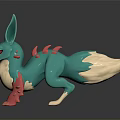 Teal Fantasy Creature Figure With Red Accents Beige Underbelly Rabbit Ears And Clawed Feet