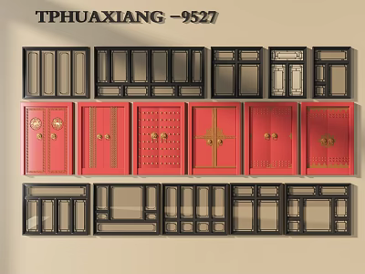 Various Stylish Entrance Doors With Red Black Designs And Glass Panels 3d model