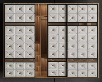 Elegant Wardrobe Doors With Tufted Diamond Pattern Fabric And Wooden Frame Accents 3d model