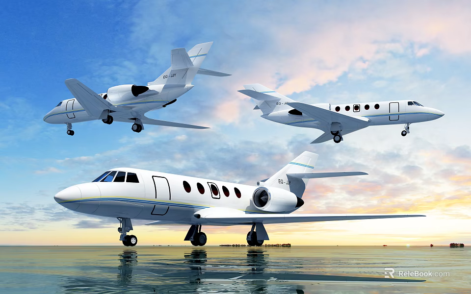Luxury Private Jets Flying Over Calm Water With Sunset Sky 3d model 