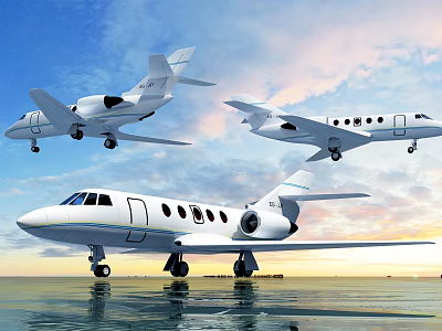 Luxury Private Jets Flying Over Calm Water With Sunset Sky 3d model Luxury Private Jets Flying Over Calm Water With Sunset Sky 3d model