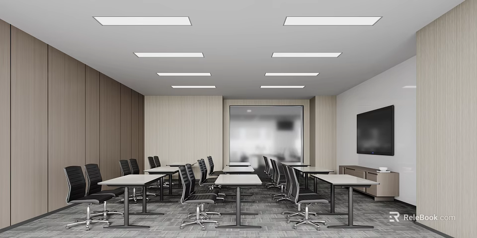 Modern Conference Room Interior Design With Long Tables Chairs Ceiling Lights TV And Wooden Walls 3d model 