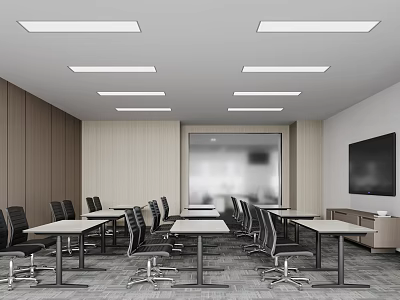Modern Conference Room Interior Design With Long Tables Chairs Ceiling Lights TV And Wooden Walls 3d model