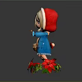 Chibi Girl In Blue Dress With White Hood Holding Basket And Red Poinsettias With Green Leaves