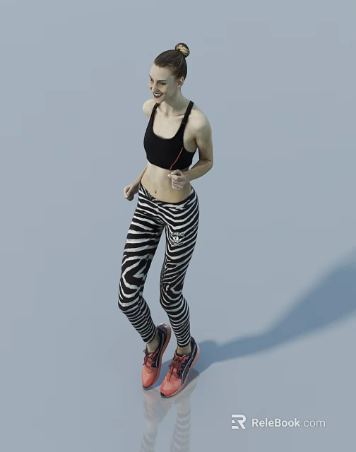 A woman exercising in black sports bra and zebra striped leggings with red gray sneakers 3d model 