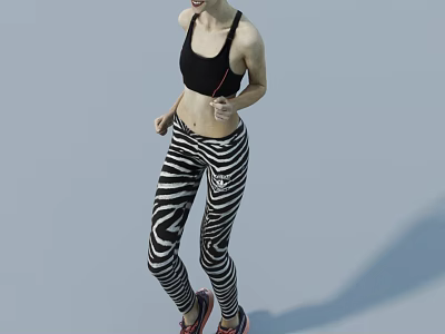 A woman exercising in black sports bra and zebra striped leggings with red gray sneakers 3d model