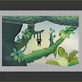 Cartoon Jungle Scene With Hanging Monkey Vines Green Leaves And Rock Formations